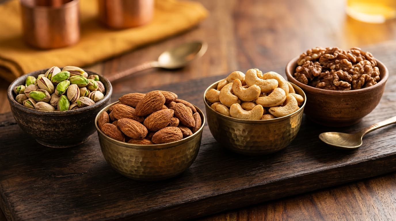 Dry fruits in brass and earthen bowls